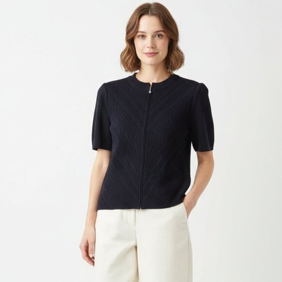 St John Black Santana Knit Short Sleeve Zip Sweater Top 6 - Picture 1 of 7